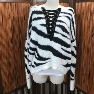 Express Zebra Animal Print Lace Up Fuzzy Sweater